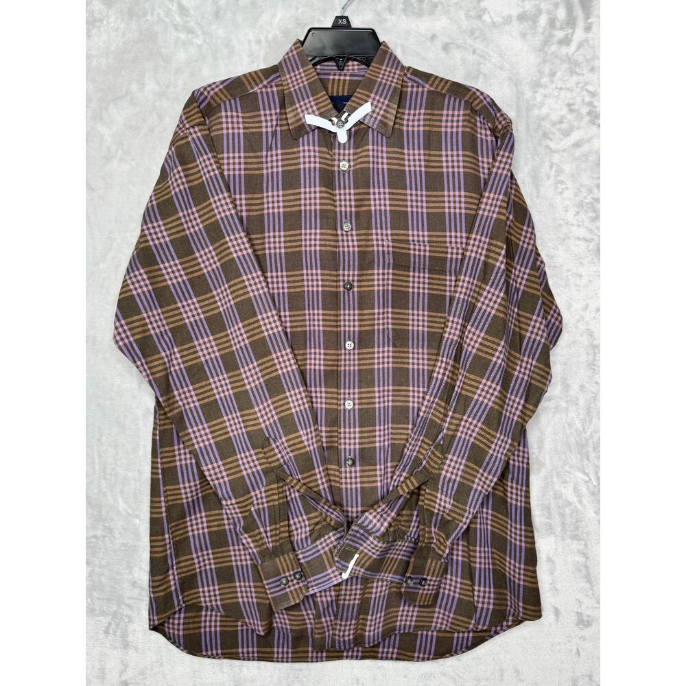 Scott Barber Shirt Mens Large Brown Purple Plaid Long Sleeve Button Front